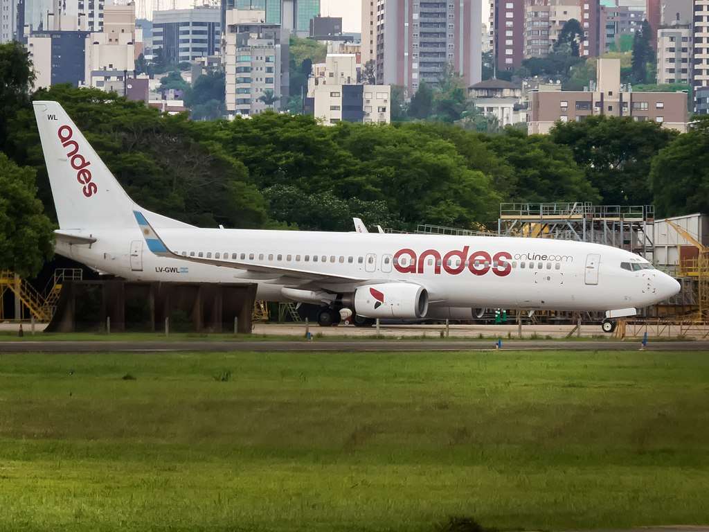 An Andes Boeing 737 lines up on the runway.