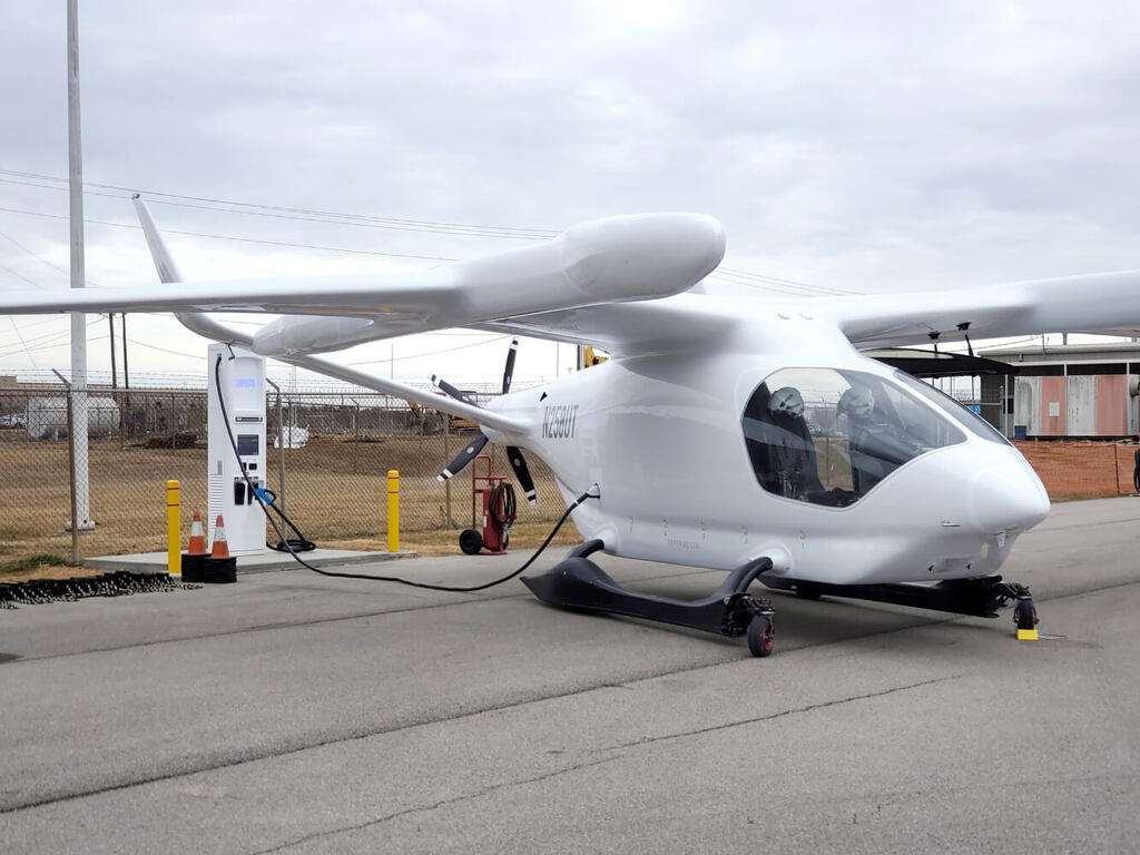 A BETA Technoligies electric aircraft charges at Golden Triangle Regional Airport, MS.