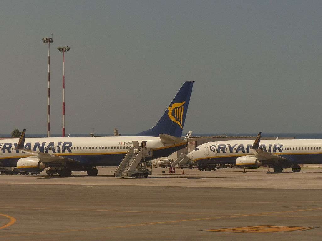 Ryanair aircraft parked at Palermo Airport, Sicily.