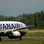 A Ryanair 737 taxis to the runway.