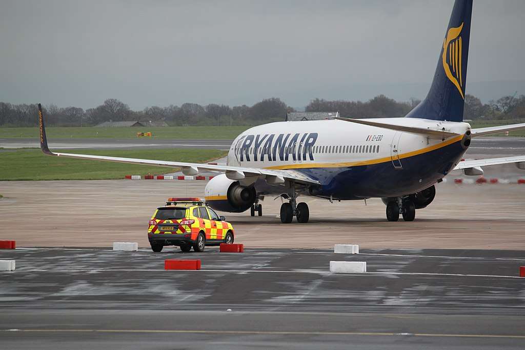 A Ryanair aircraft taxis at Manchester Airport