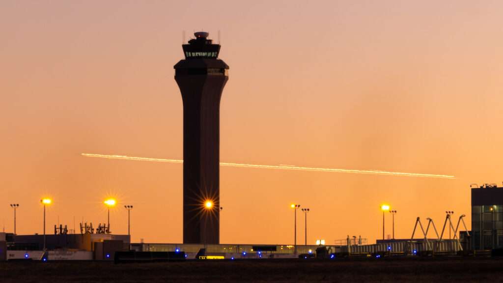 View of Denver International Airport at dusk.