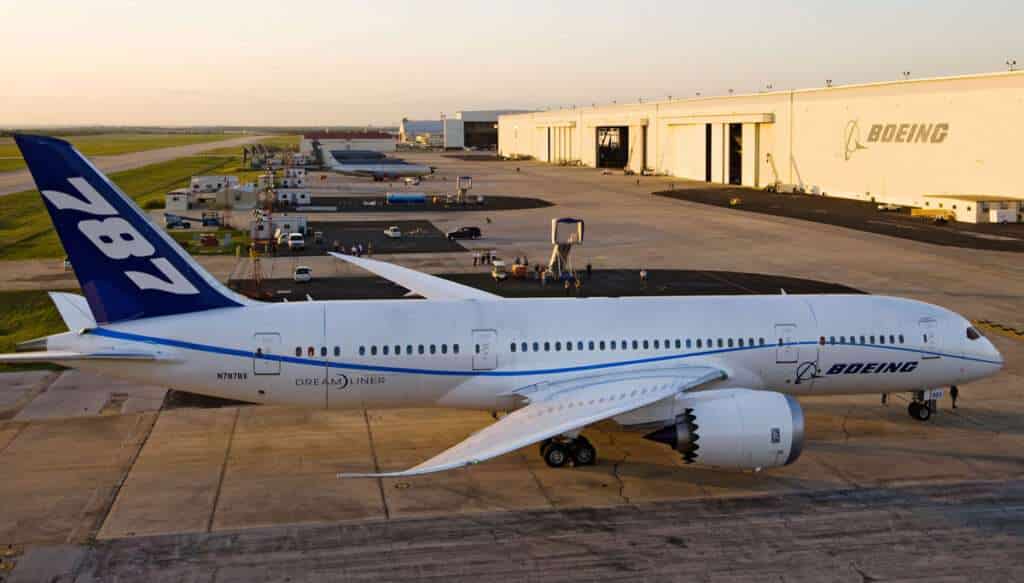 A Boeing 787 parked at the factory.