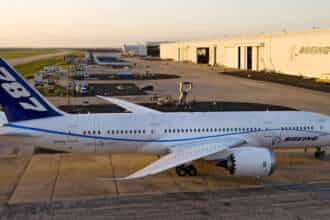 A Boeing 787 parked at the factory.