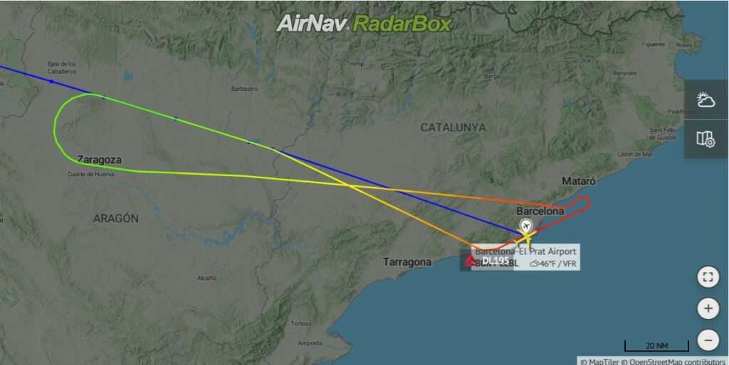 Flight track of Delta flight DL195 to Atlanta showing return to Barcelona