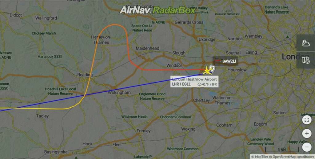 Flight track of British Airways flight BAW2LJ from Baltimore to London