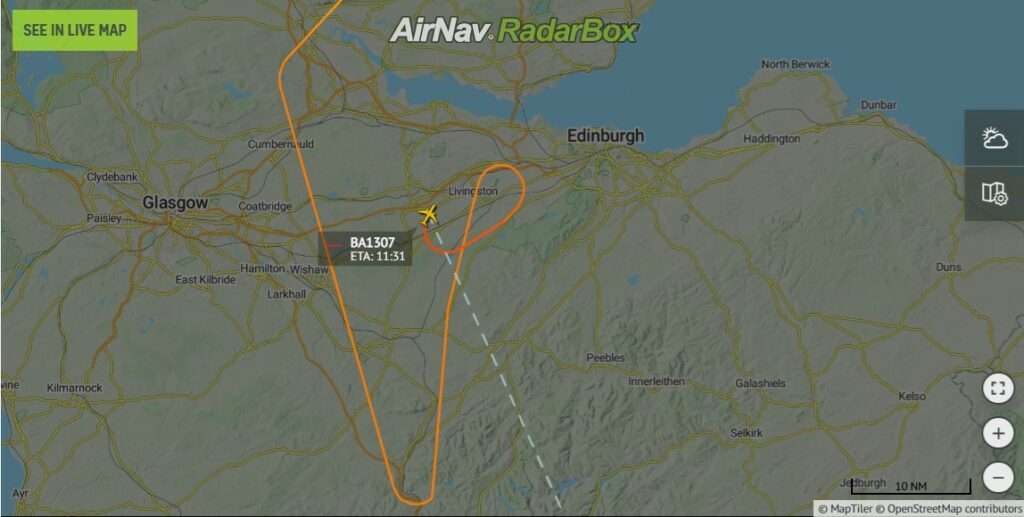 Flight track of BA1307 from Aberdeen to London, showing diversion to Edinburgh.