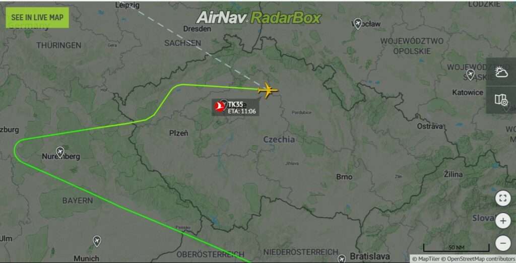 Flight track of Turkish flight TK35 Istanbul to Montreal, showing diversion to Prague.