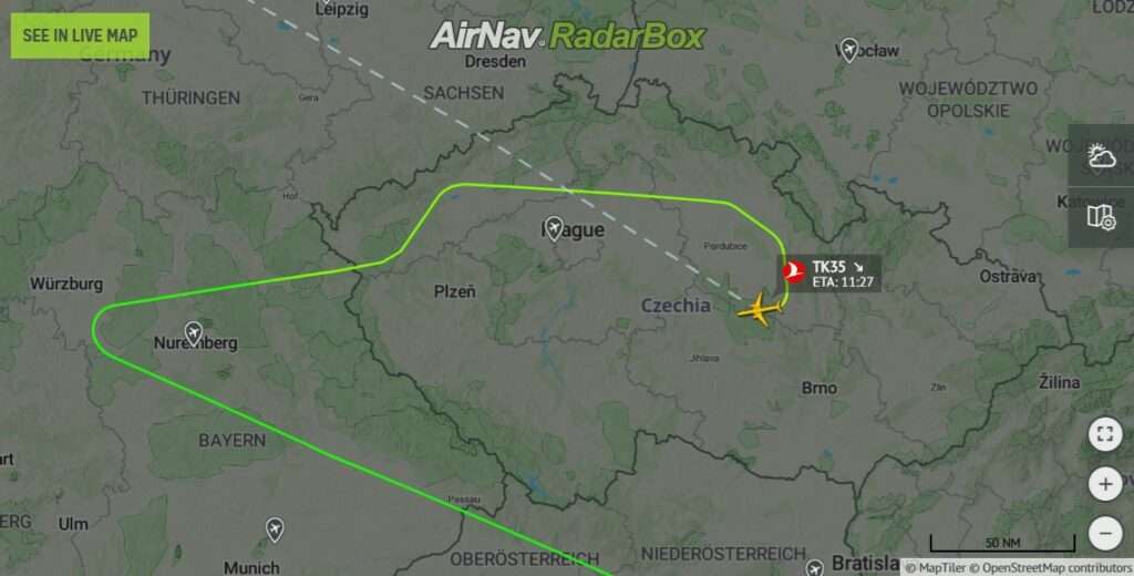 Flight track of Turkish flight TK35 Istanbul to Montreal, showing diversion to Prague.