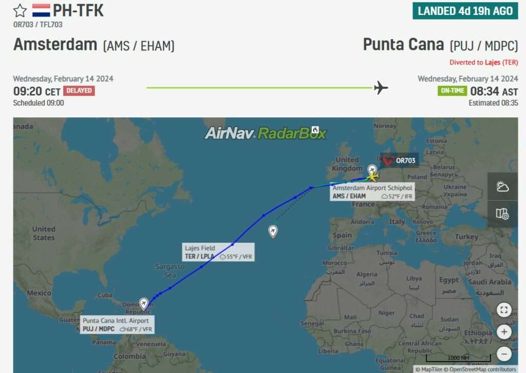 Flight track of TUI flight OR703 from Amsterdam to Curaçao showing diversion to TER.