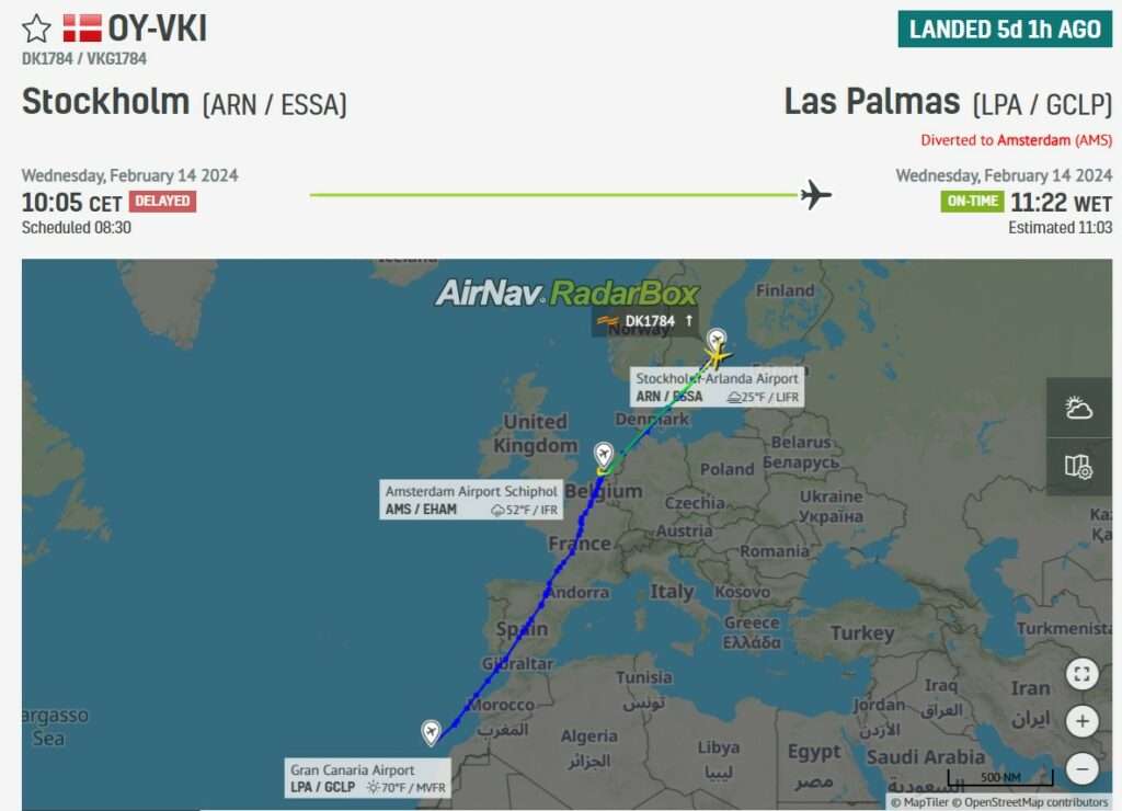 Flight track of DK1784 from Stockholm to Gran Canaria showing diversion to Amsterdam.