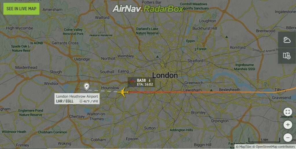 Flight track of BA38 from Beijing to London