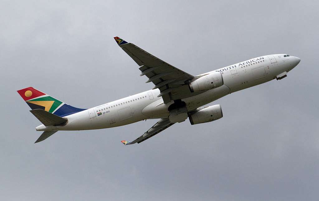 A South African Airways A330 climbs after takeoff.