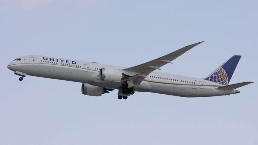 A United Airlines Boeing 787-10 climbs after takeoff