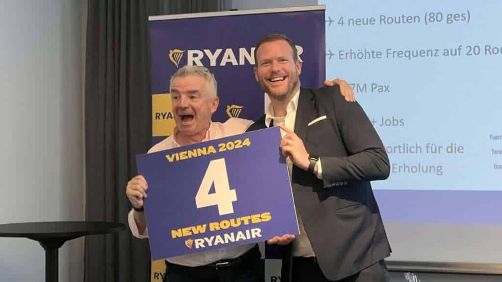Ryanair CEO Michael O'Leary with Austria promo sign