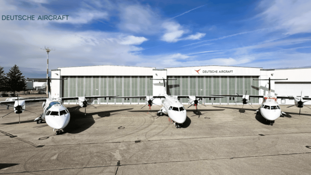The NL EASP AIR D328® Turboprop fleet in front of the Deutsche Aircraft Hangar in Oberpfaffenhofen