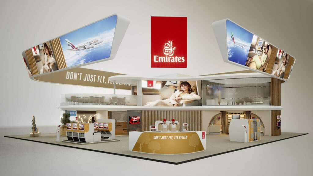 Emirates display stand at ITB Berlin travel trade show.