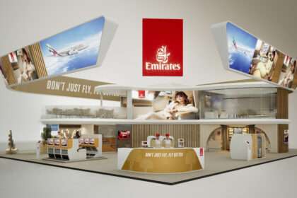 Emirates display stand at ITB Berlin travel trade show.