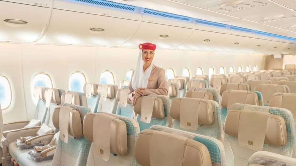 Interior view of Emirates Boeing 777 economy class