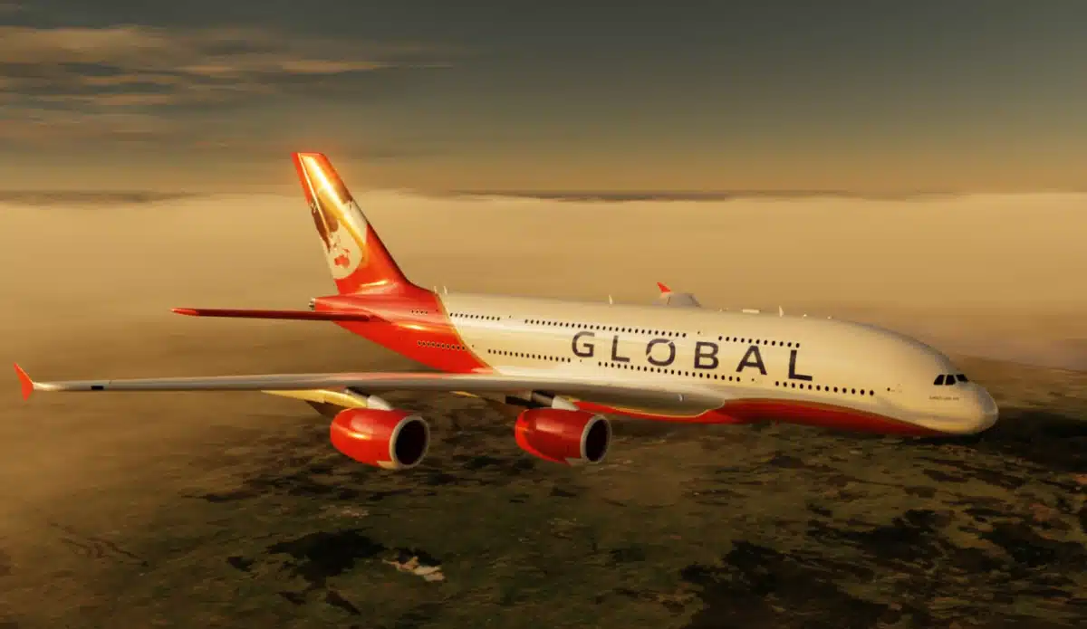 Render of a Global Airlines Airbus A380 in flight