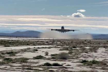 A Global Airlines Airbus A380 takes off from Mojave Space Port, CA.