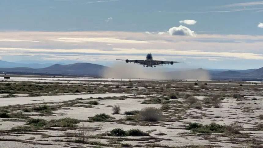 A Global Airlines Airbus A380 takes off from Mojave Space Port, CA.