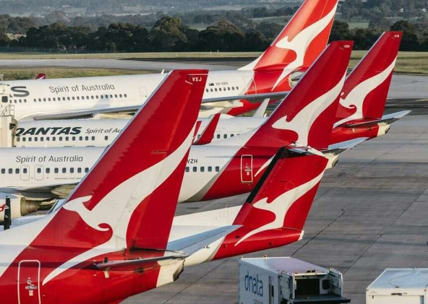 A group pf Qantas aircraft parked together showing Flying Kangaroo tails