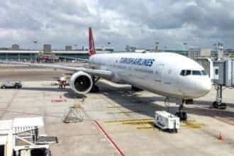 A Turkish Airlines Boeing 777 parked at Melbourne Airport.