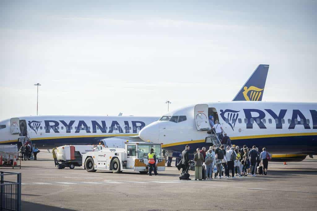 Passengers board a Ryanair flight at East Midlands Airport.