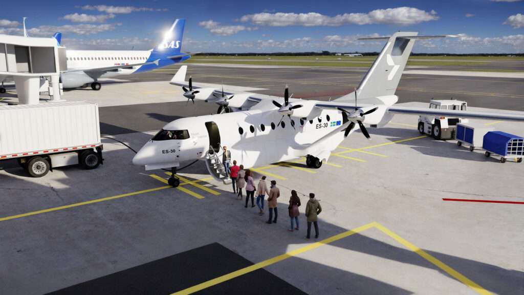 Render of passengers boarding a Heart Aerospace aircraft.