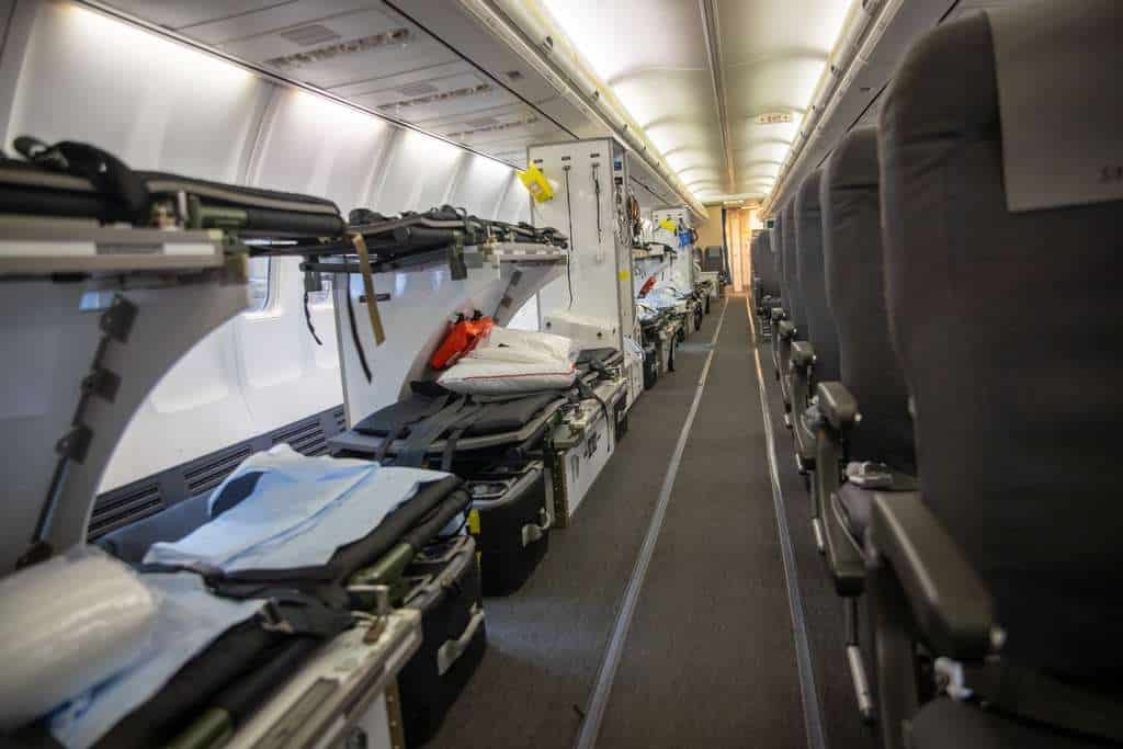 Interior of SAS A320neo set up air air evacuation ops.