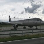 A Russian Aeroflot Airbus parked in Geneva.