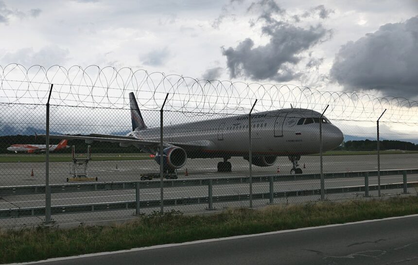 A Russian Aeroflot Airbus parked in Geneva.