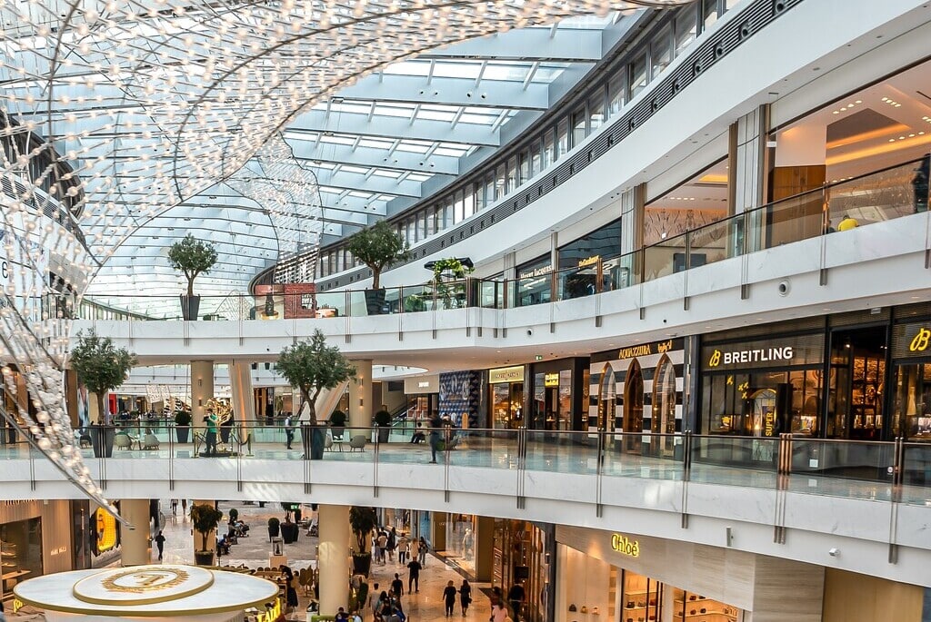Interior of new extension to the Dubai Mall, the Fashion Avenue , housing  high-end shops and shopping with luxury brands, in Dubai, United Arab  Emirates. UAE