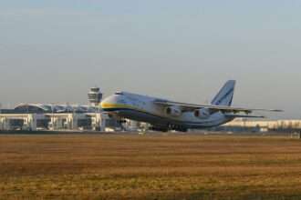 An Antonov transport takes off with Airbus EarthCARE satellite.