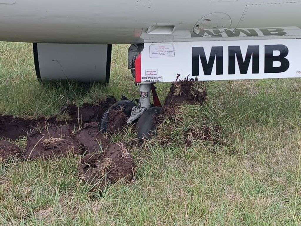 Nosewheel of Salaam Air D70 aircraft bogged in mud at Nairobi Wilson Airport