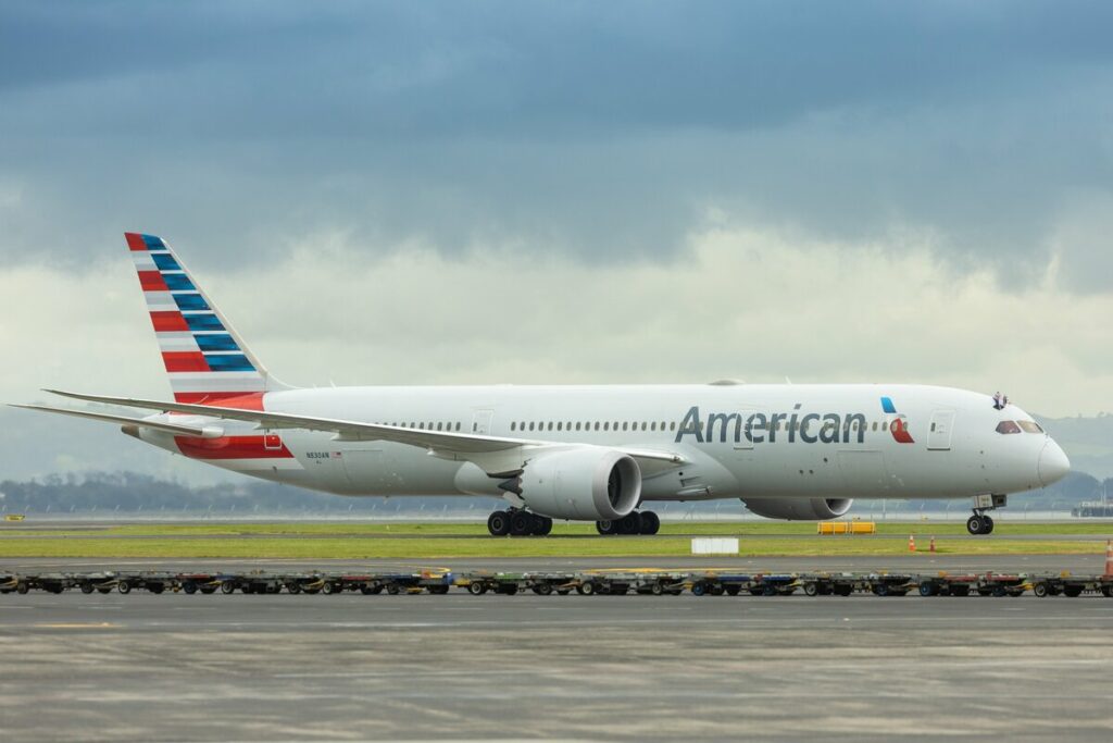 An American Airlines flight taxis at Auckland Airport