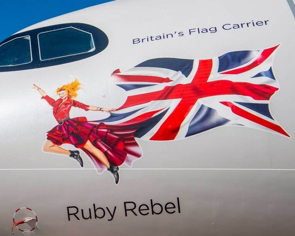 View of logo on Virgin Atlantic A330neo Ruby Rebel