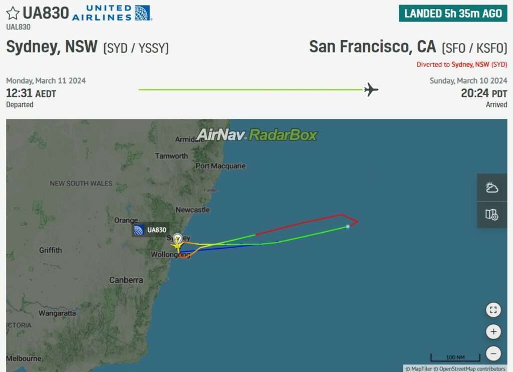 Flight track of United UA83 from Sydney to San Francisco, showing return to Sydney.