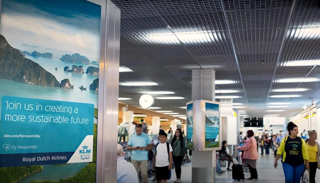 Airport terminal with KLM 'Fly Responsibly' advertising