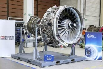 A V2500 engine operating on 100% sustainable aviation fuel (SAF)