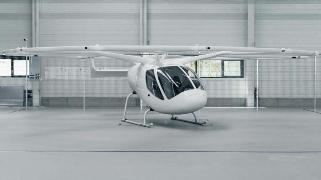 A Volocopter eVTOL aircraft in the hangar.