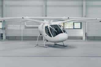 A Volocopter eVTOL aircraft in the hangar.