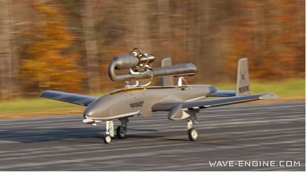 An unmanned aircraft equipped with new 'Wave Jet' engine prepares to take off.