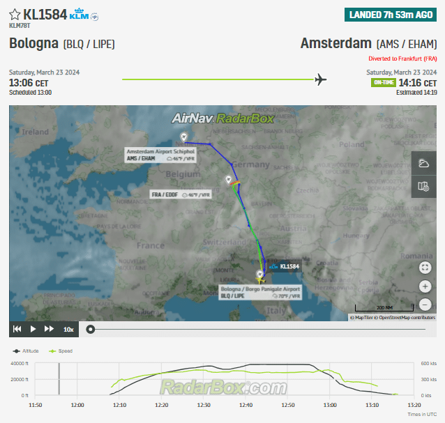 Earlier today, a KLM flight between Bologna and Amsterdam declared an emergency, prompting a diversion to Frankfurt.