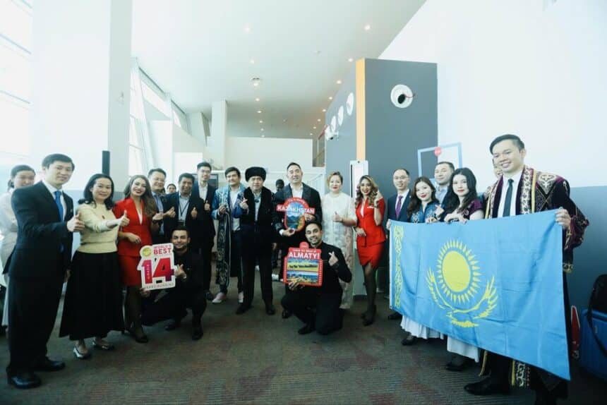 Dignitaries and guests celebrate Air Asia X flight to Almaty, Kazakhstan.