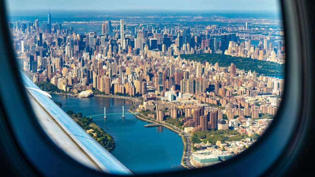 View of New York from airliner cabin window