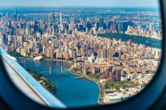 View of New York from airliner cabin window