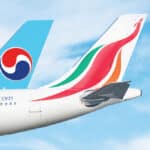 Render of the tailplanes of a SriLankan Airlines and Korean Air jets together.