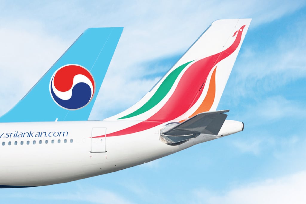 Render of the tailplanes of a SriLankan Airlines and Korean Air jets together.